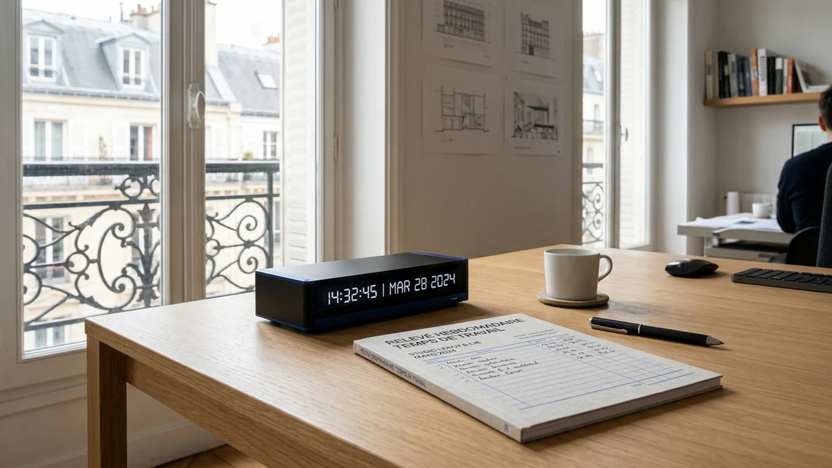 Espace de travail moderne avec chronomètre de précision et feuille d'heures de travail
